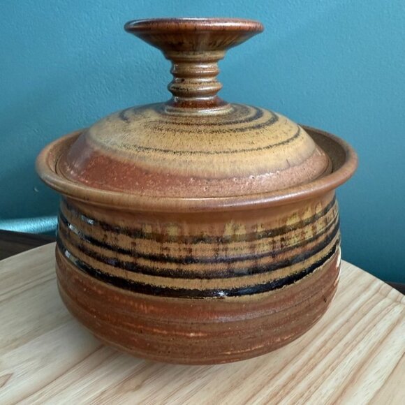Vintage 93 Jeff Dietrich Log House Pottery Handmade Rustic Brown Ceramic Lidded